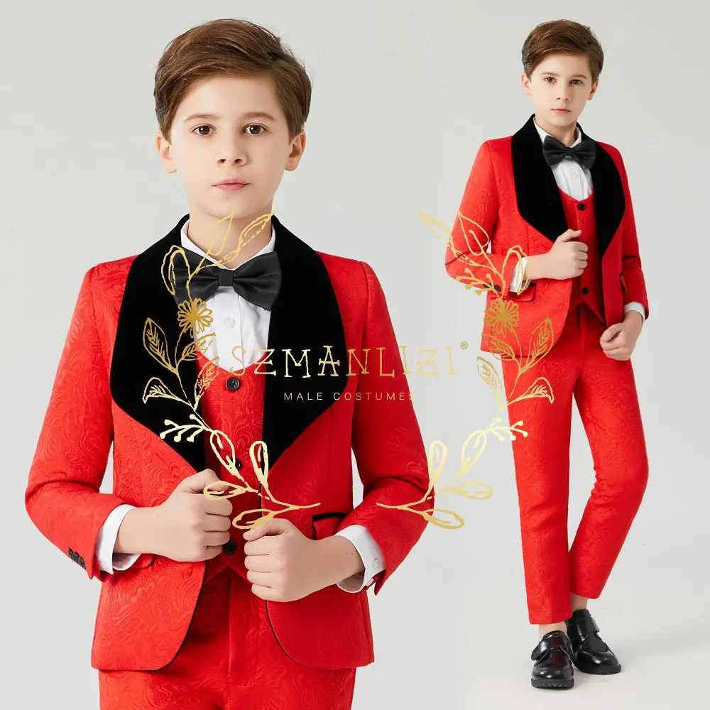 Jacquard Suit For Boys Red Jacket Pants Vest Wedding Tuxedo 3 Piece Kids Blazer Set Party Shawl Collar Clothes 블레이저 Boys Suit