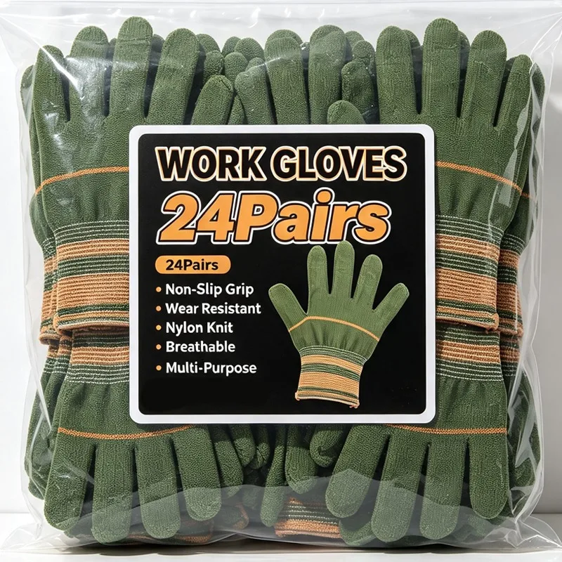 Green Nylon Work Gloves Non Slip Wear Resistant Men Women Anti Slip Safety Protective Construction Warehouse Industrial Work