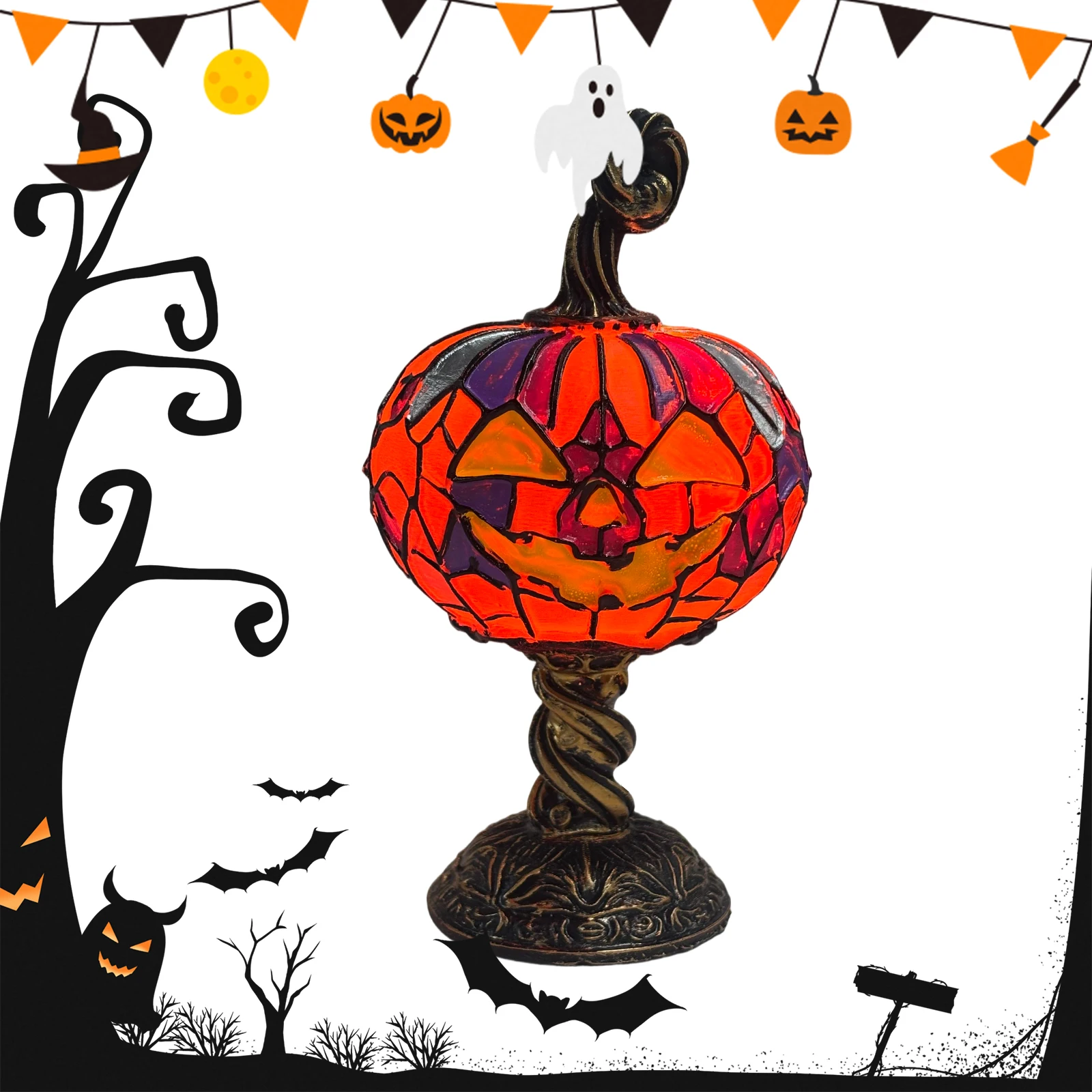 Halloween Magic Lamp Multi-Purpose Resin LED Night Light Fade Resist Tabletop Halloween Decor Light for Home Bedroom Living Room