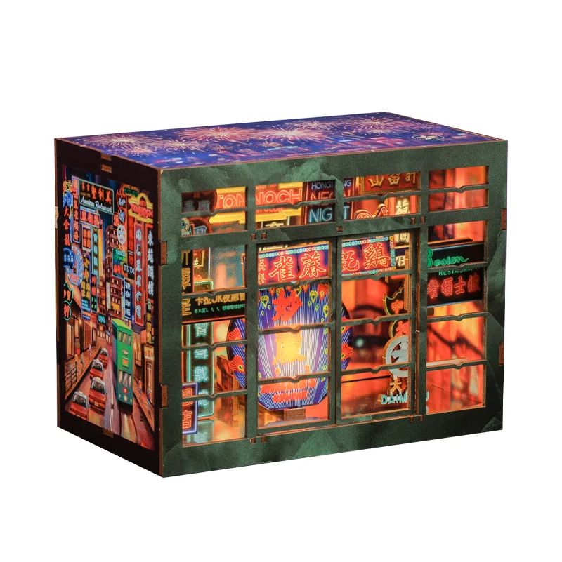 CUTEBEE Wooden Book Nook DIY Dollhouse 3D Puzzle Bookshelf Insert Light Booknook Decor for Hong Kong Neon Night