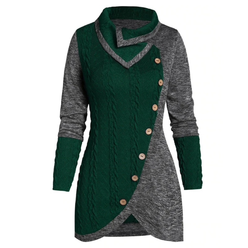 Women's Collar Long Sleeved Button Decoration Solid Color Splicing Irregular Knitted Sweater Long Sleeves Dresses