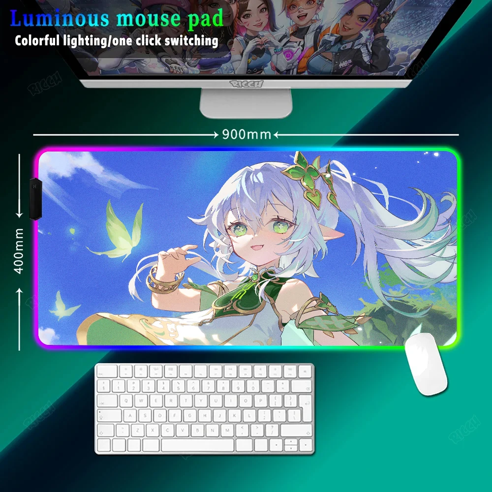 Hot selling item Genshin Impact Nahida HD printing RGB Game Mats Large Keyboard LED Light Desk Pad For Computer Laptop Mouse Pad