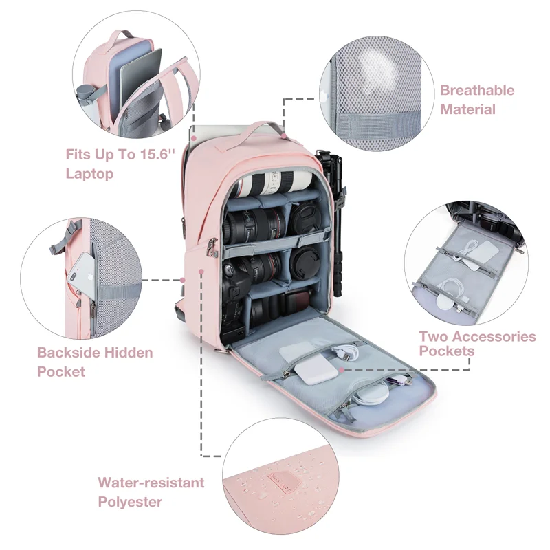 Plecak na aparat BAGSMART pasuje do 15.6 Cal laptopa SLR wodoodporna obudowa na aparat antykradzieżowy dla fotografów z osłoną przeciwdeszczową