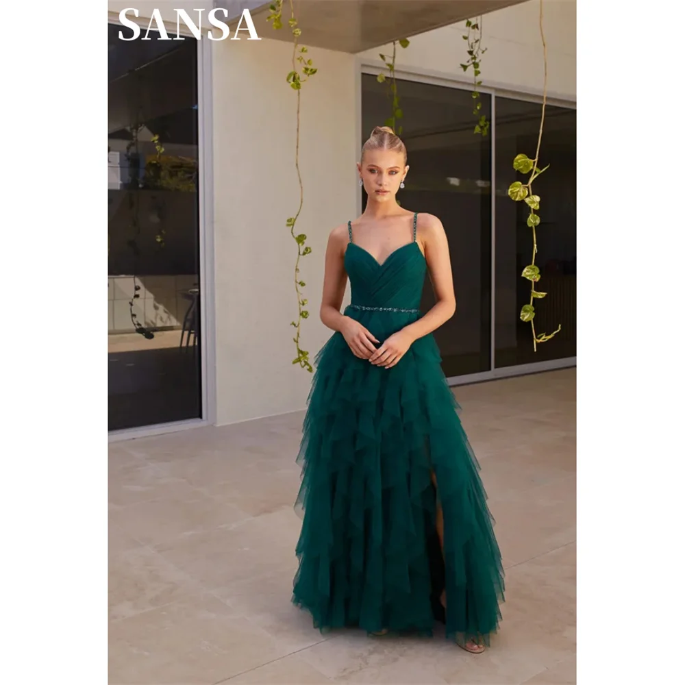 Sansa Elegant Multilayer Green A-Line Glitter Lace Evening Dress Floor-Length Wedding Dresses Spaghetti Strap vestidos de fiesta