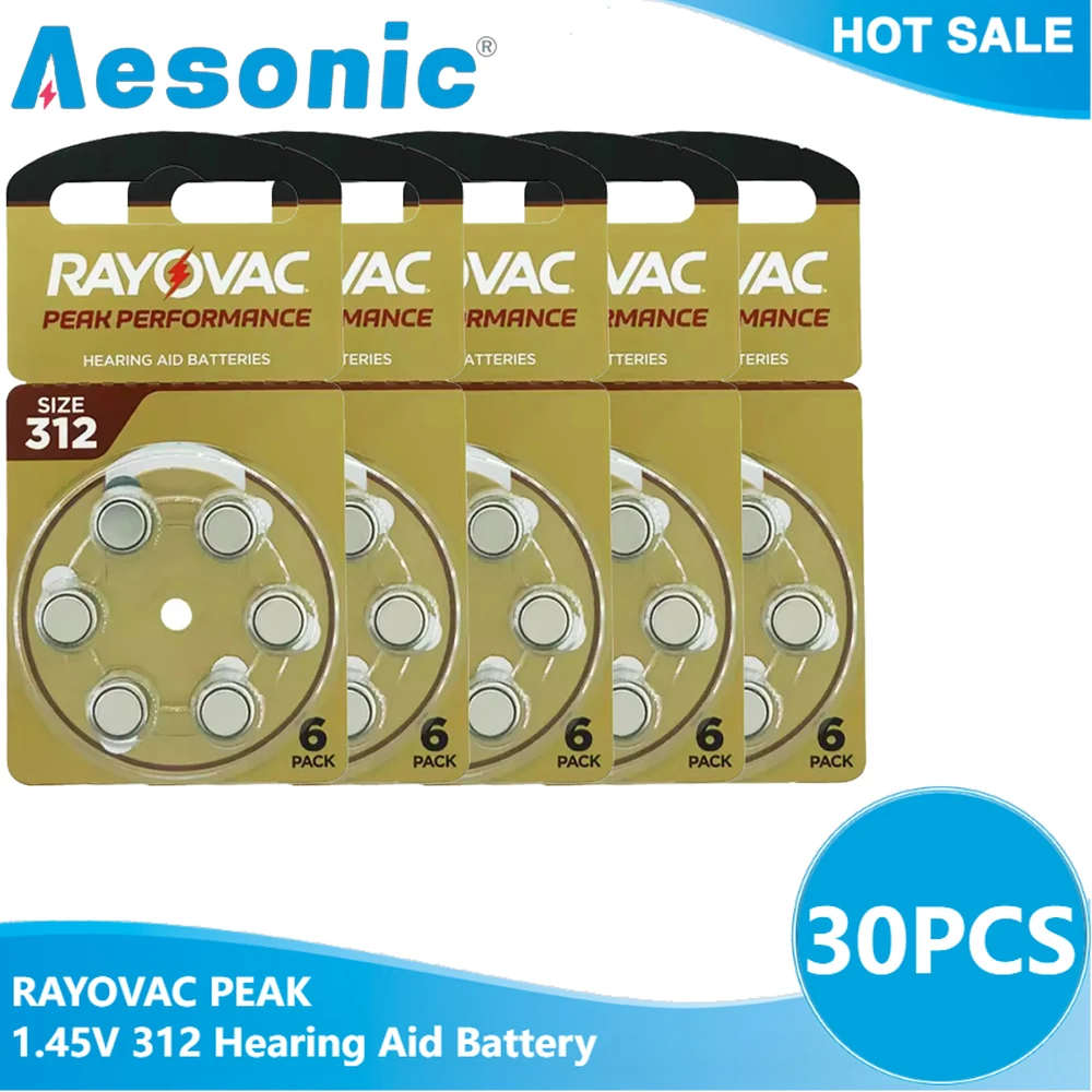 Hearing Aid Batteries 30PCS / 5 Cards RAYOVAC PEAK 1.45V 312 312A A312 PR41 Zinc Air Battery For BTE CIC RIC OE Hearing Aids