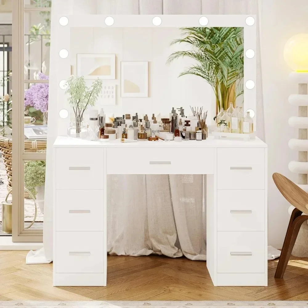 

Vanity Table, Makeup Desk with Lighted Mirror, Dressing Desk w/Drawers&Adjustable Brightness, 3 Color Lighting Modes