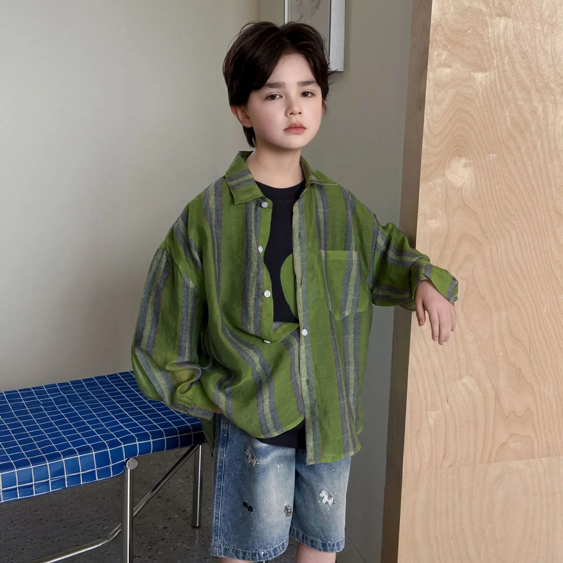 Children Clothing Boys Fashion Casual Shirt 2026 Summer New Boys Thin Sun Protective Shirt Korean Style Striped Versatile Top