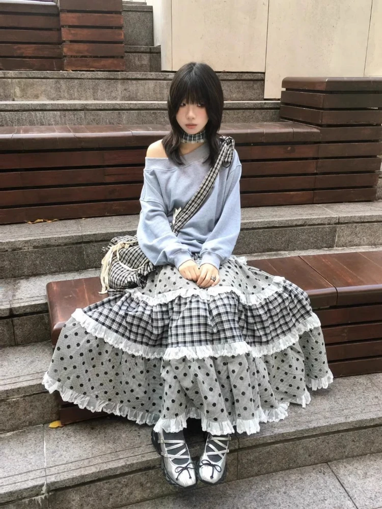 일본 우아한 레트로 체크 웨이브 포인트 스커트 여성 레이스 패치워크 러플 A라인 스커트 하라주쿠 디자인 한국 인기 의류