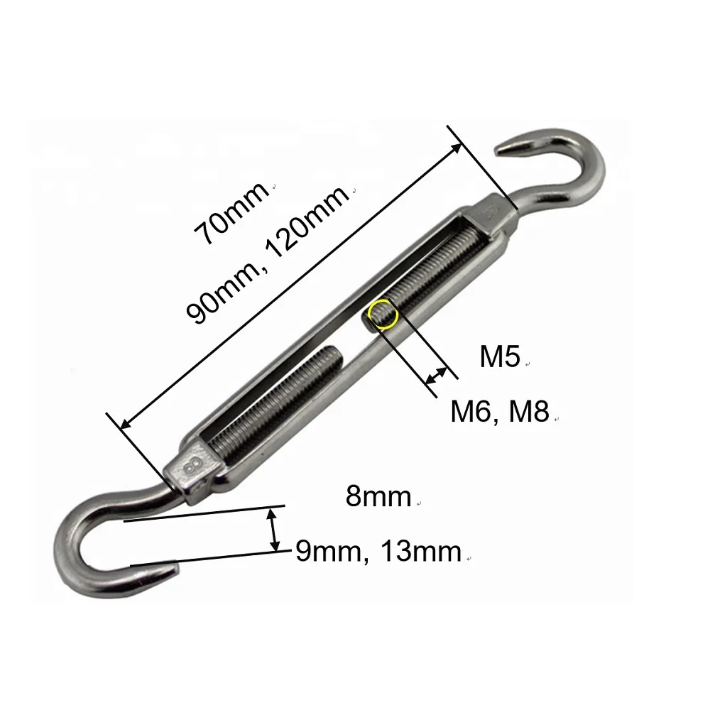 1PCS Stainless Steel 304 Hook And Hook Turnbuckle M5 M6 M8 Heavy Duty Stainless Steel Marine Turnbuckles For Cable Railing Sale