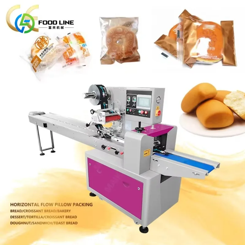 Customized Automatic Pillow Bag Food Cookie Sandwich Toast Bread Biscuit Flow Packing Machine Pillow Bread Packaging Machine