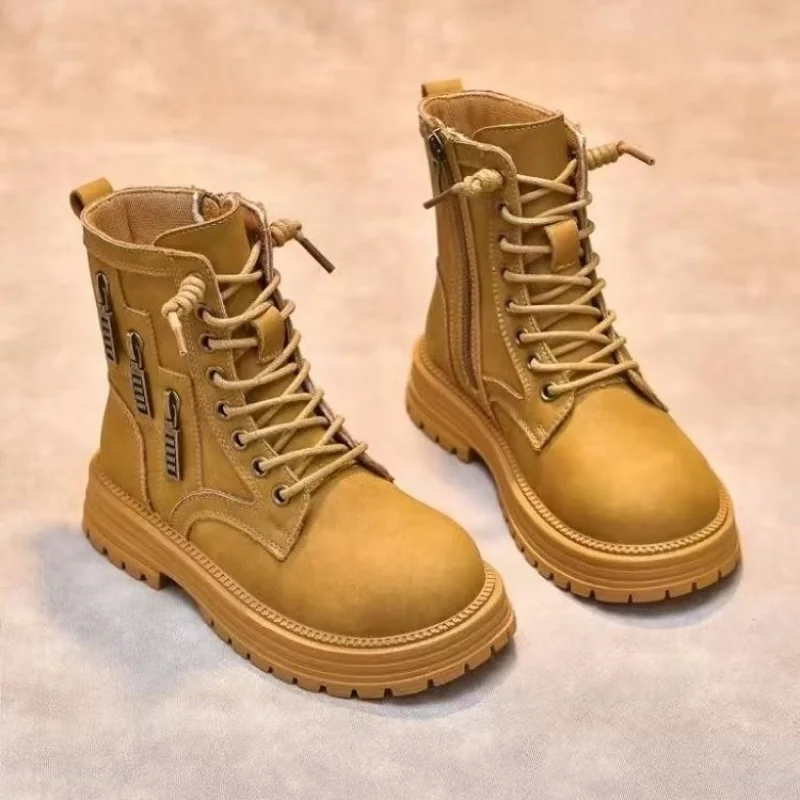 

Теплые детские ботильоны на плюшевой подкладке, новинка 2025, зимняя желтая кожаная обувь для мальчиков и девочек, нескользящая повседневная обувь