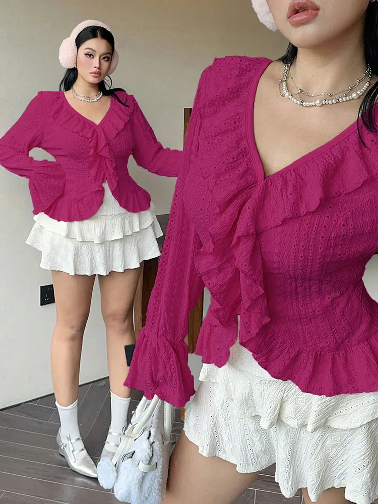 قميص علوي أنيق جديد مكشكش مقاس كبير مع حافة مكشكشة وحاشية غير منتظمة ملابس علوية Kpop تناسب الجميع مقاس كبير ملابس نسائية