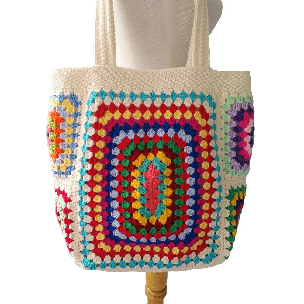 DIY Hand Crochet Latest Popular Bohemian Style Knitting Grandmother Check Shoulder Slung Bag for Girls.