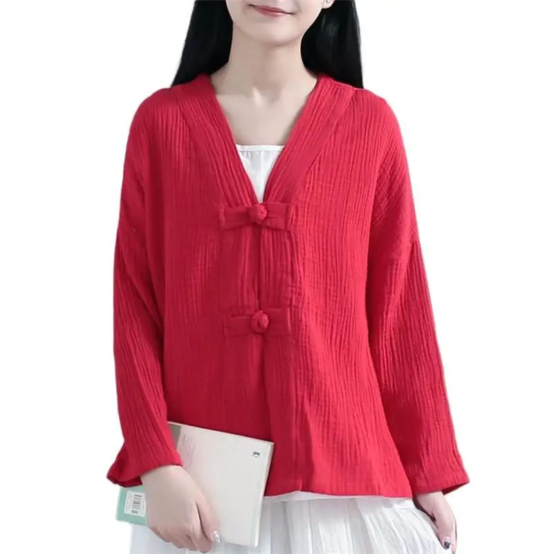 

2024 New Autumn V-neck Long Sleeve Vintage Coat Cotton Button Cardigan Casual Loose Thin Coat 12 Colors Red Black Blouses Tops