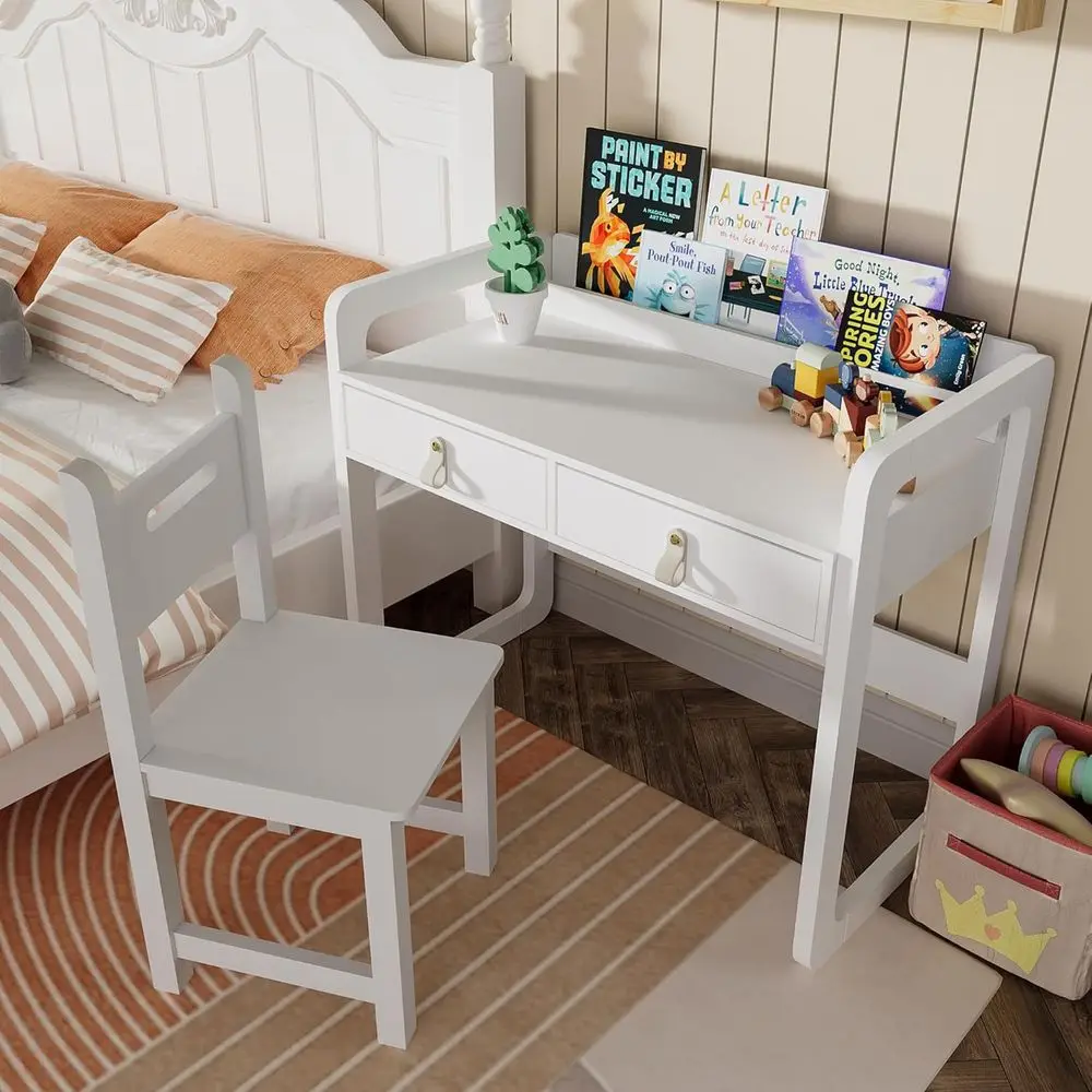 White Wooden Kids Study Desk with Drawers, Children's Writing Table Set for School and Home