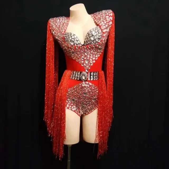 Blue Red Tassels Sparkly Rhinestones Bodysuit Model Catwalk Bling Crystals Stage Outfit Nightclub Bar Female DJ Singer Costume