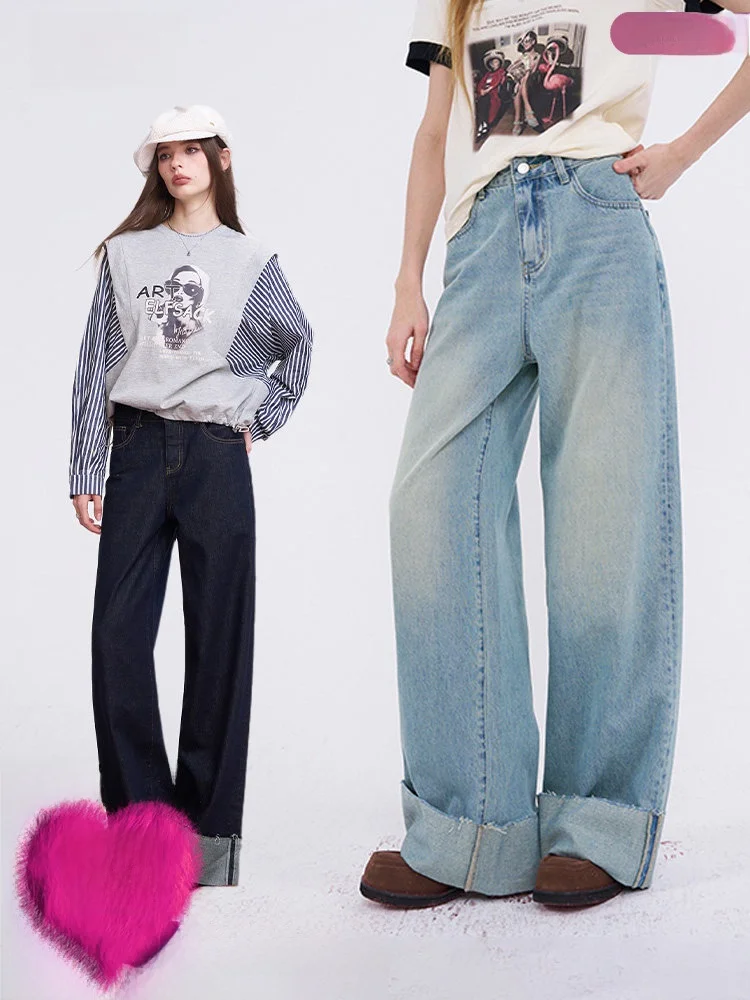 

Blue Rebellious Waed Frayed Hem Denim Jeans Women's Spring Summer High Waist Straight Leg Wide Leg Pants by Elf Sa