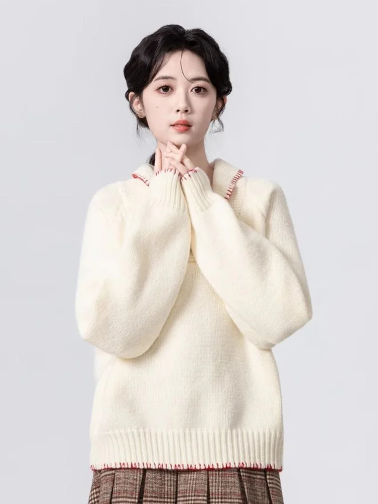 Sweter Lucu Jepang Manis Wanita Kasual Gaya Preppy Lengan Panjang Longgar Pullover Rajutan Jumper Kerah Lipat Solid Sederhana