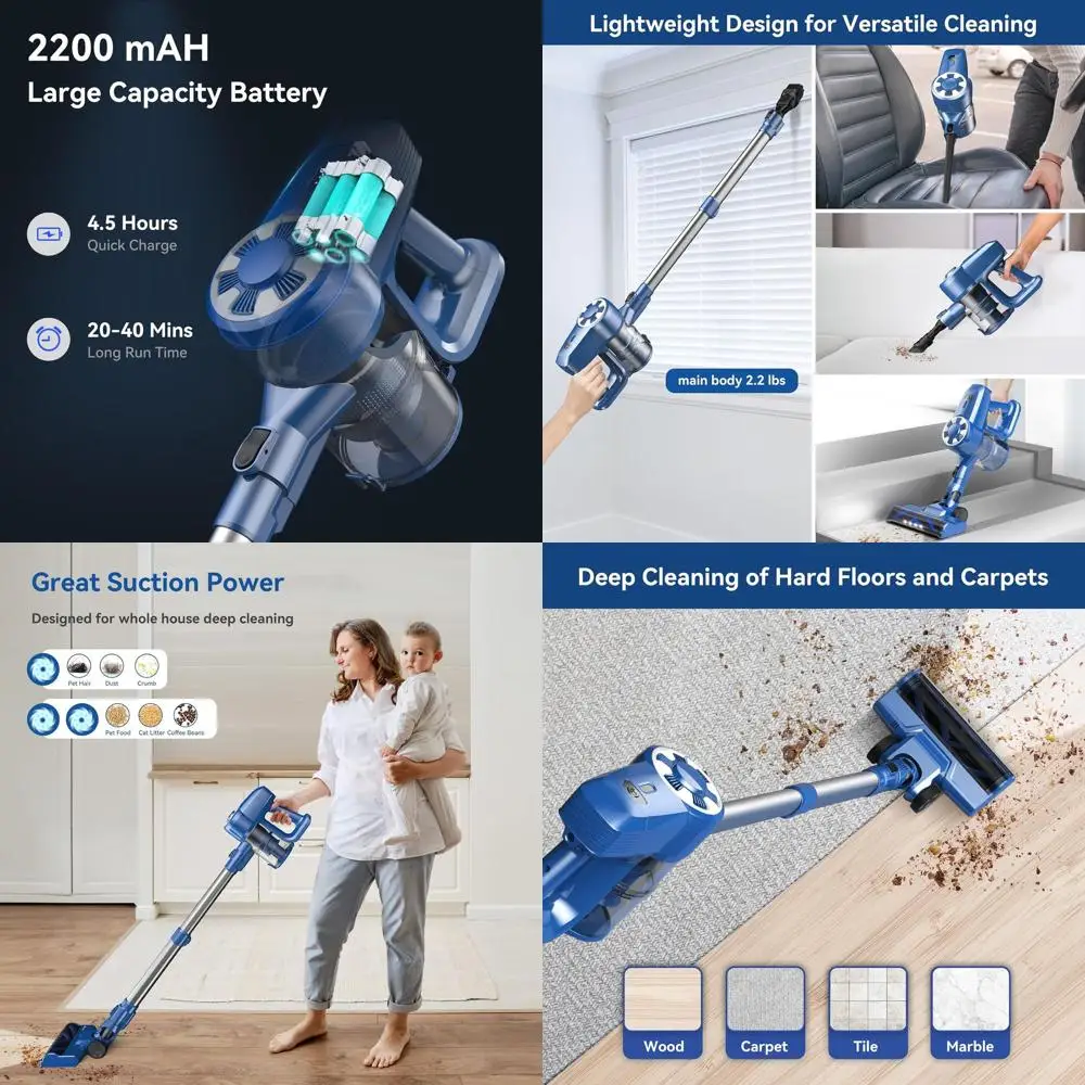 Lightweight Cordless Stick Vacuum with 6-in-1 Cleaning, 40 Min Runtime, Ideal for Home Floors and Carpets