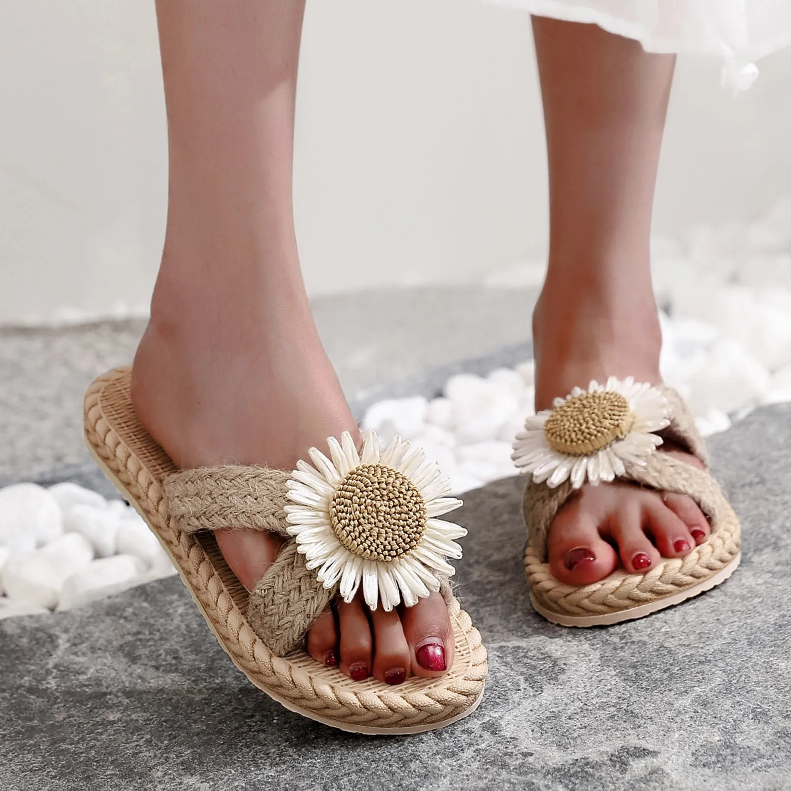 شبشب للشاطئ للنساء ، شفاط مقلد منسوج ، صنادل مسطحة ، موضة صيفية متطابقة ، كتان وقطن #2