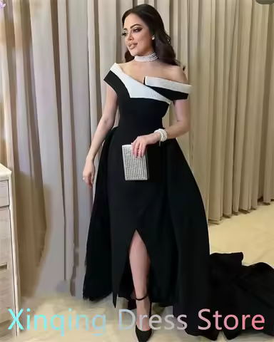 Customized Simple Black Jersey Evening Dress Classic Off the Shoulder Sleeveless Prom Dresses Exquisite Crystal Party