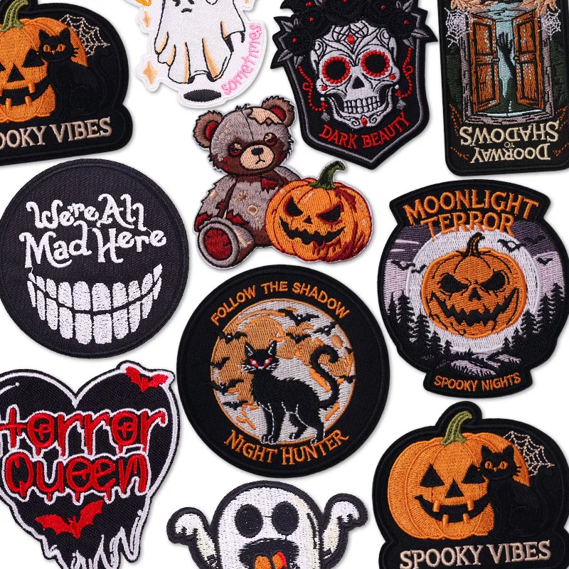 Halloween Spooky Vibes Embroidery Patches Iron On Sew On Pumpkin Ghost Black Cat Skull Applique Patch For Jackets Backpack Decor