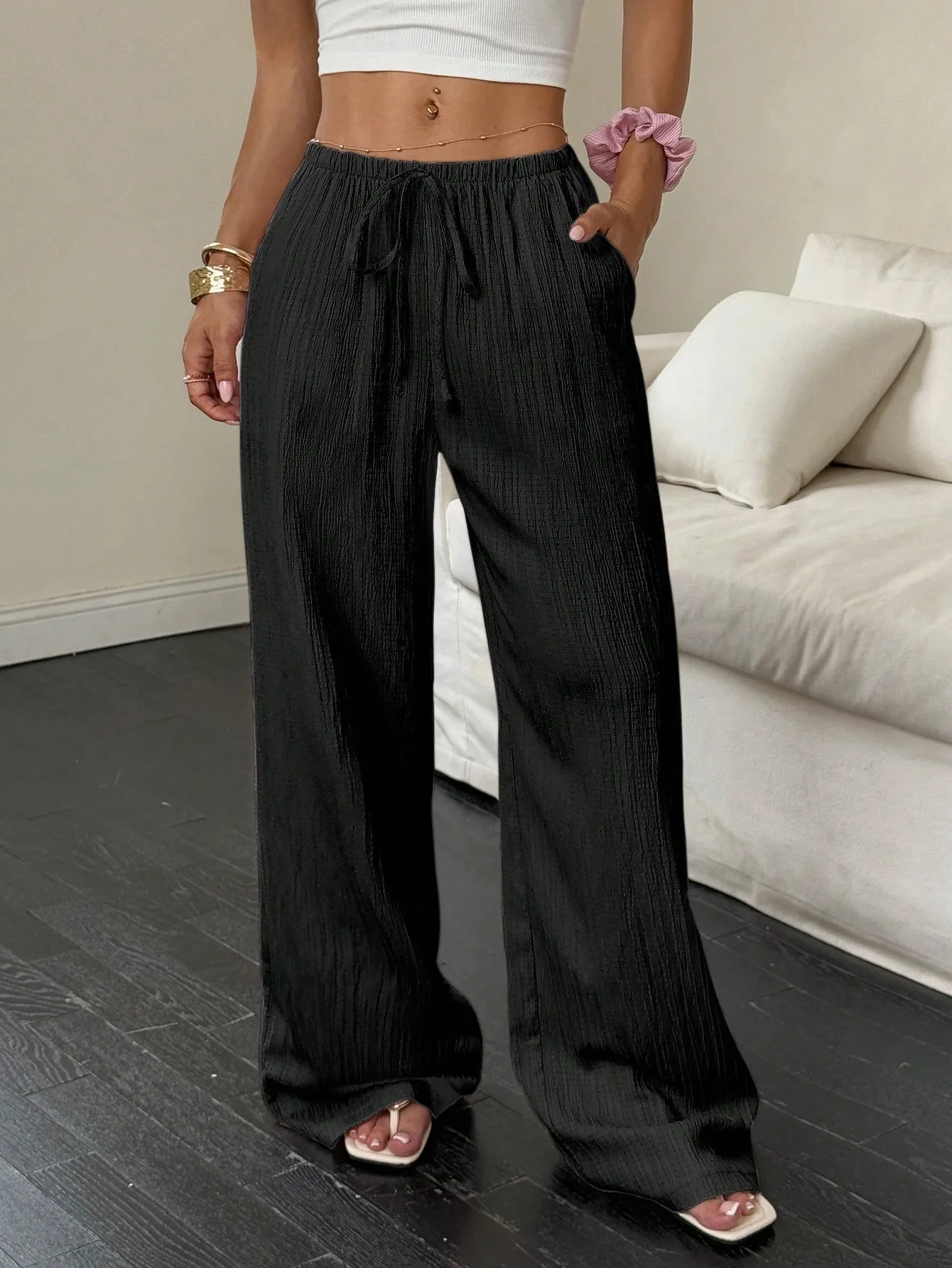 

2026 New Women’s Summer Fashion Slim-Fit Tie Belt Casual Long Pants with Mid-Rise, Loose-Fit Wide-Leg Pants for Women