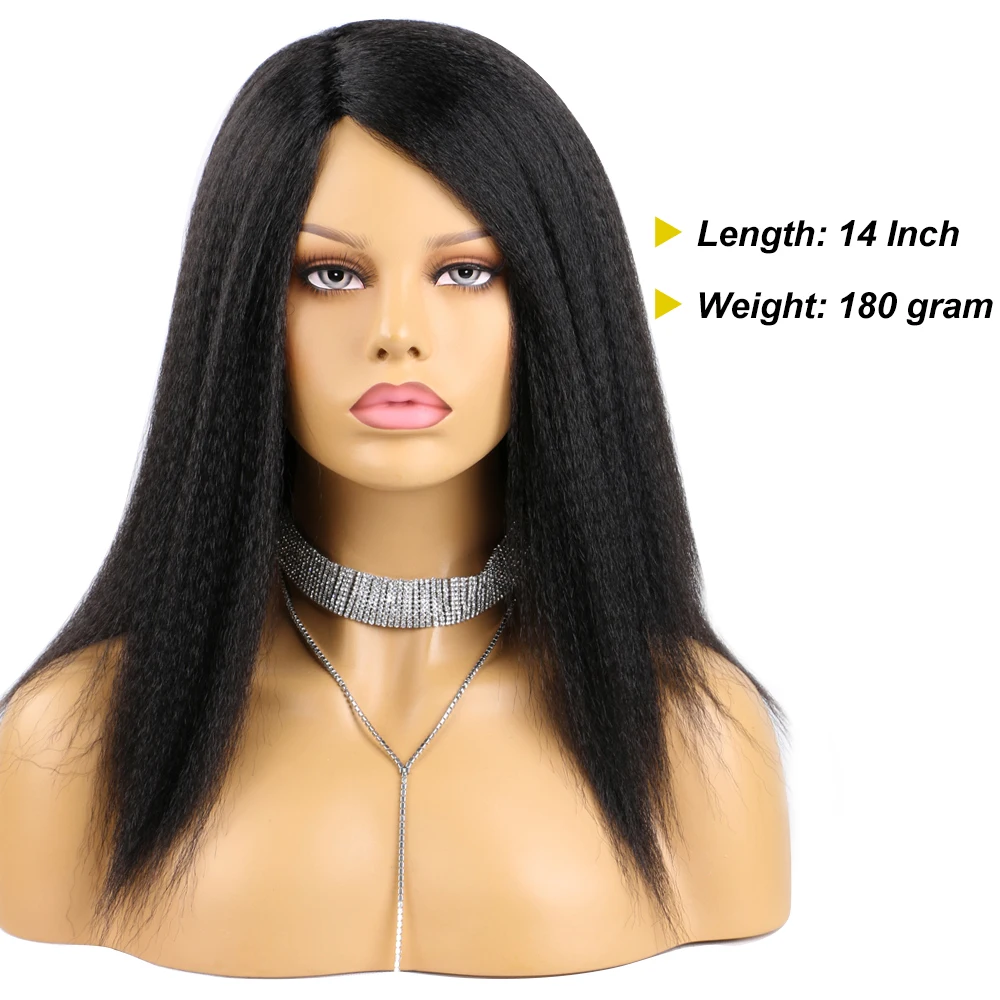 Belle Show Synthetic Yaki Straight Wig 14 Inch Natural Soft Glueless Kinky Straight Hair Replacement Wig For Women Daily Use