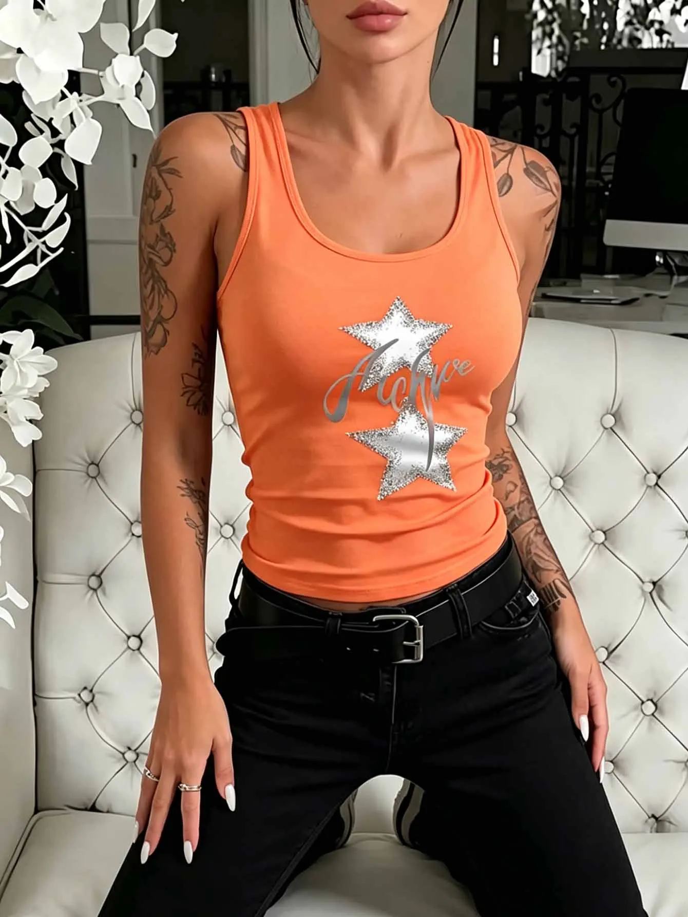 Sommerliches, lässiges Damen-Tanktop mit Stern- und Blumenmuster und Buchstaben-Grafik | Y2K Enganliegende Streetwear, Fitness-Bekleidung – Detail 2