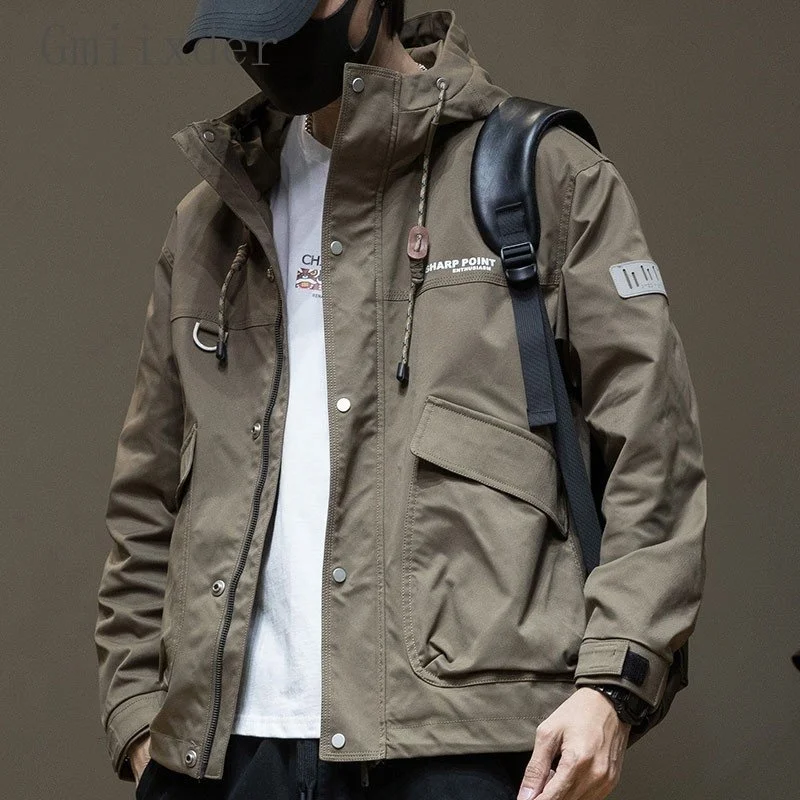 

American Hooded Work Jacket Men's Spring Autumn Trendy Handsome Bomber Oversized Fitting Waterproof Zipper Coat