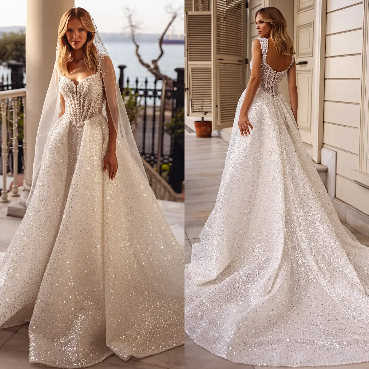 Customized Luxurious Lace Sequins Pearl Women's Wedding Dress V-Neck Tower A-Line Bridal Dress Sweeping Train Vestidos De Novia