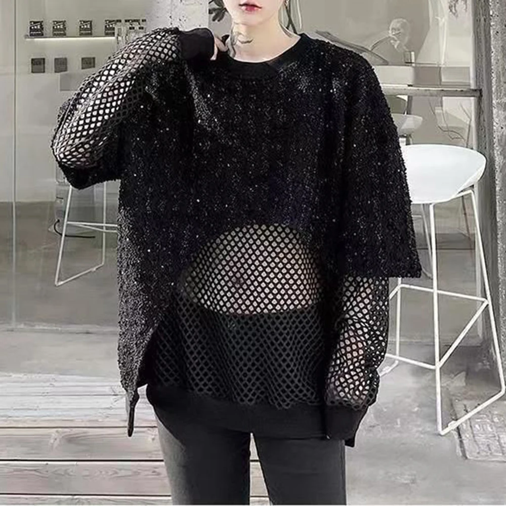 Mens y2k sequin mesh stitching see-through sexy long-sleeved T-shirt autumn genderless nightclub fashion trend long top unisex