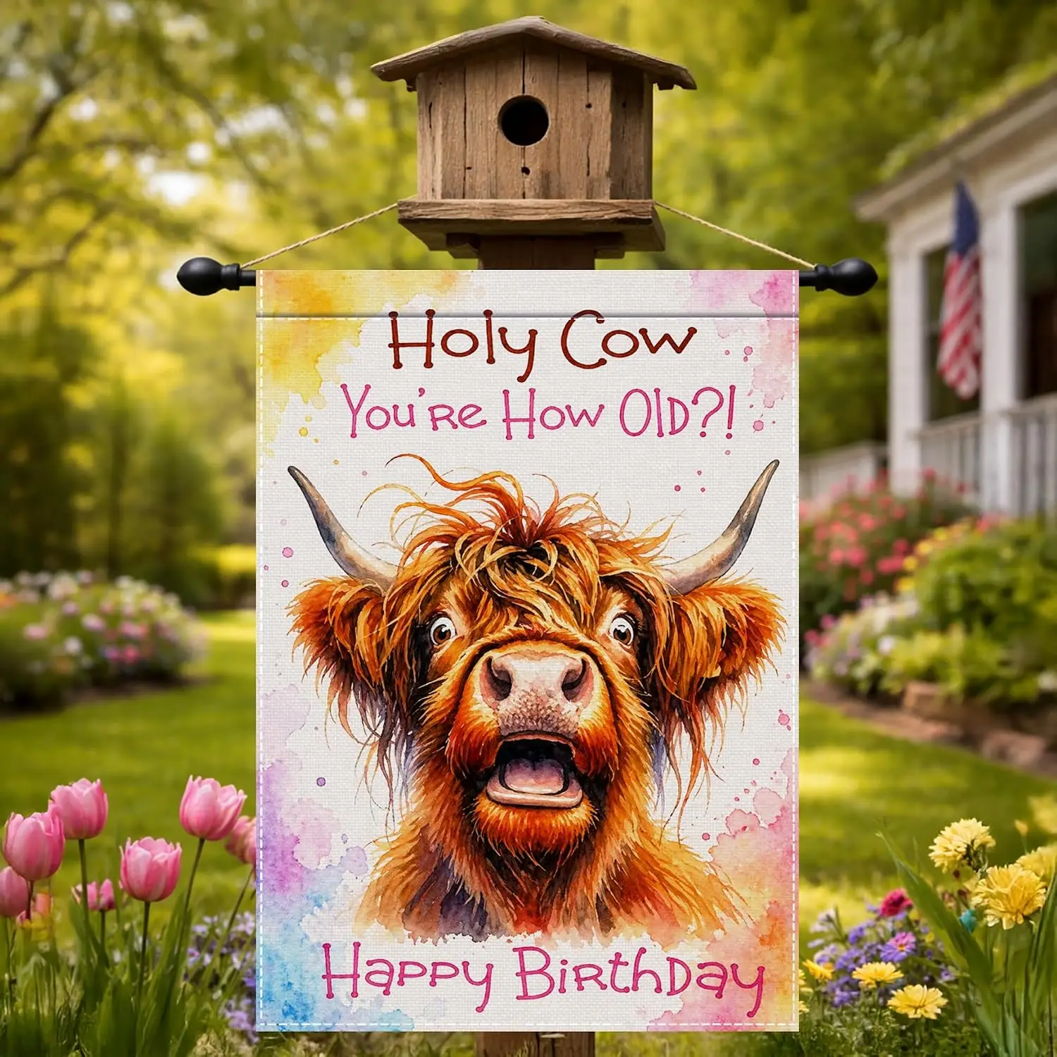 Holy Cow Birthday Garden Flag 12x18 Inch for Yard Decor | Double sided polyester, highland cow artwork, farm animal outdoor  xxl