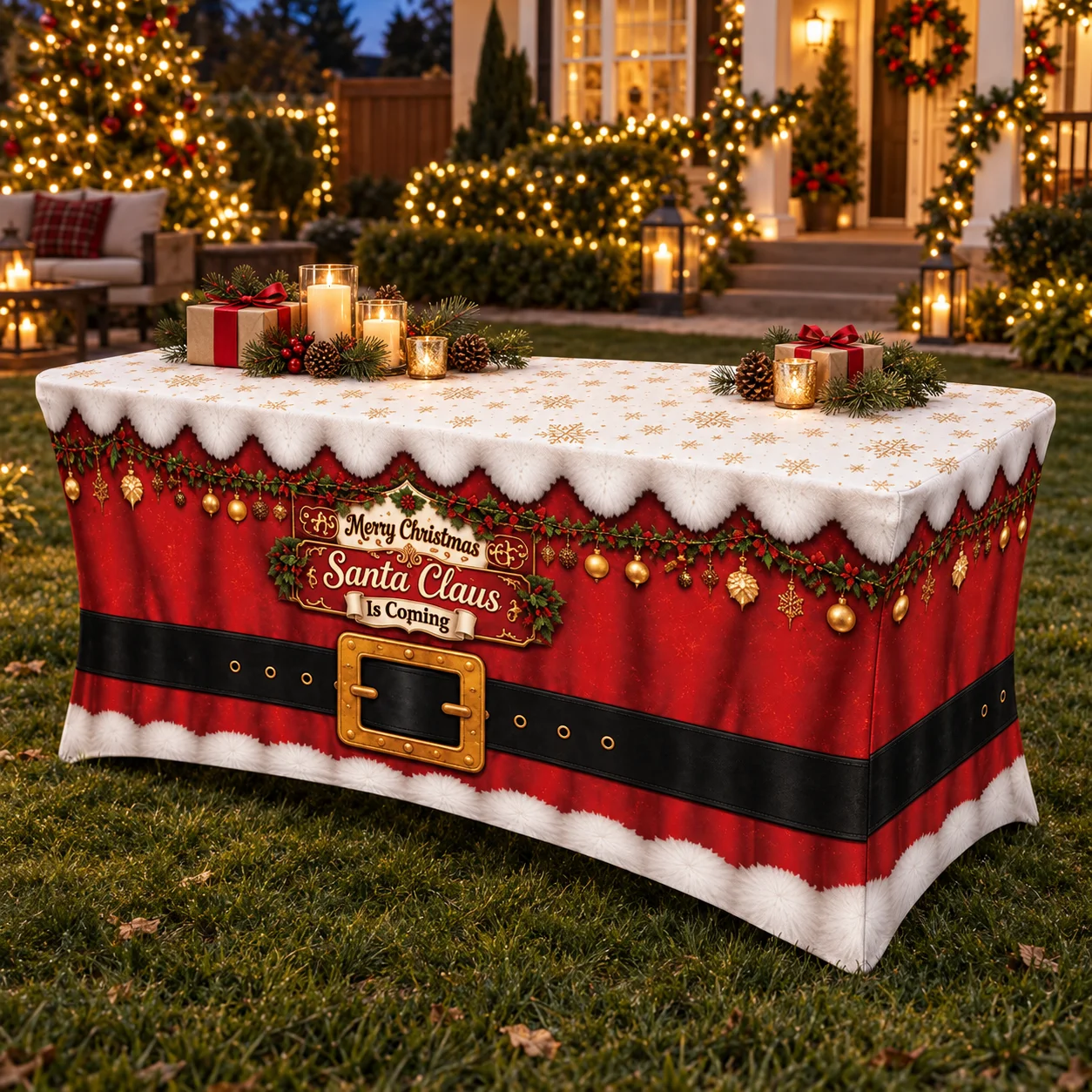 Christmas Santa Claus Belt Stretch Tablecloth Rectangular Spandex Fitted Table Cover for Holiday Party Banquet Event Decorations