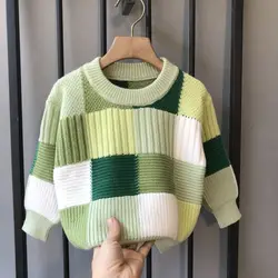 Boys' Knitted Sweater Spring and Autumn Korean Edition Children's Checker Loose Bottom Winter Kids Baby Sweater