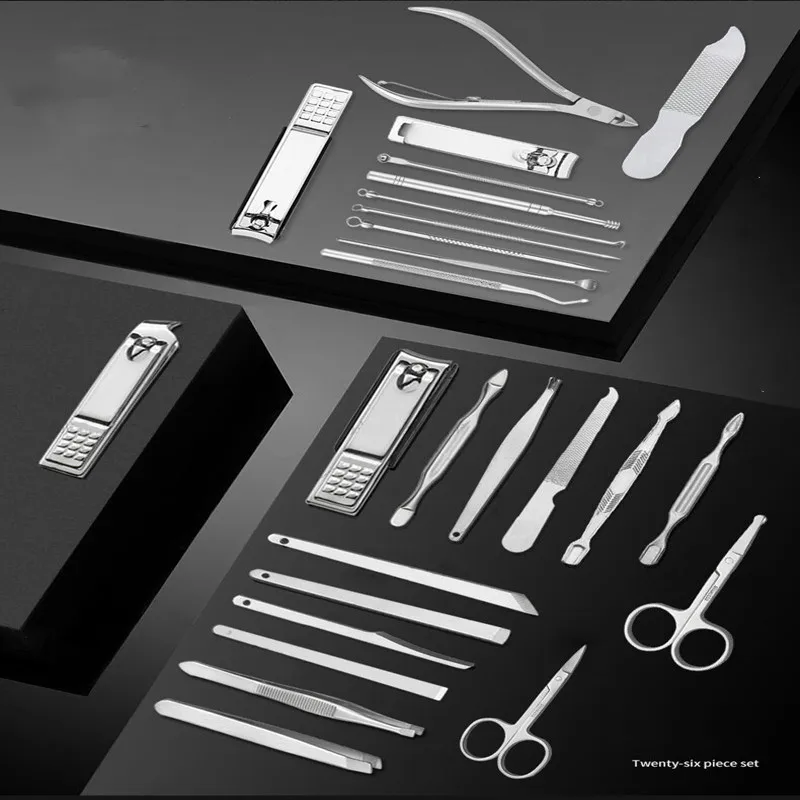 11-26 Pcs Professional Stainless Steel Nail Clippers Manicure Set Cutter Scissor Cuticle Nipper Nail Tools Set Travel Case Kit