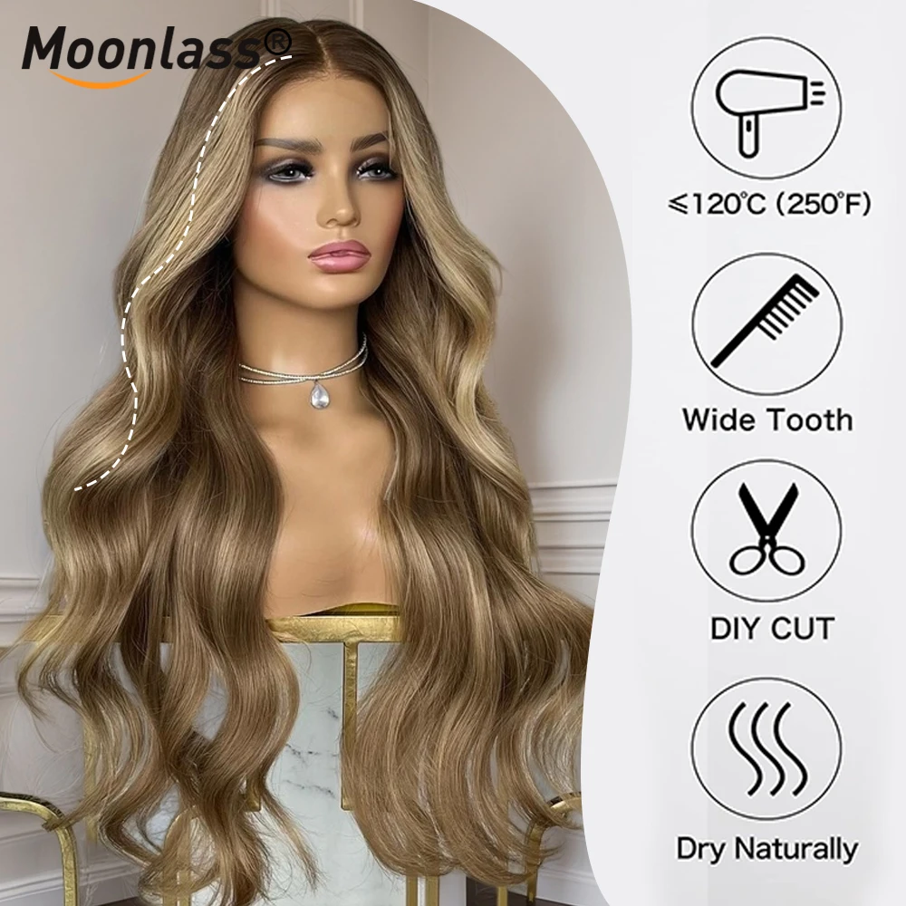 Moonlass ضبابي مذهب براون Balayage اللون بيتشي موجة 100% عذراء شعر مستعار 260 الكثافة قطعة المال تسليط الضوء على 13x6 ترقية الدانتيل
