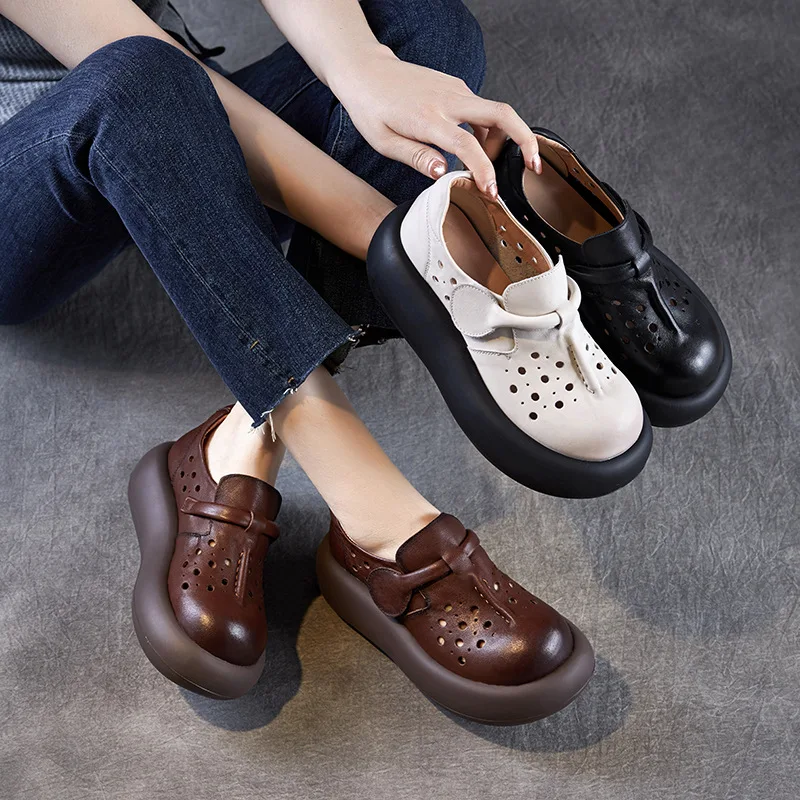 2025 Summer Hollowed Out Height Increasing Thick Soled Perforated Women's Shoes, Genuine Leather Women's Sandals