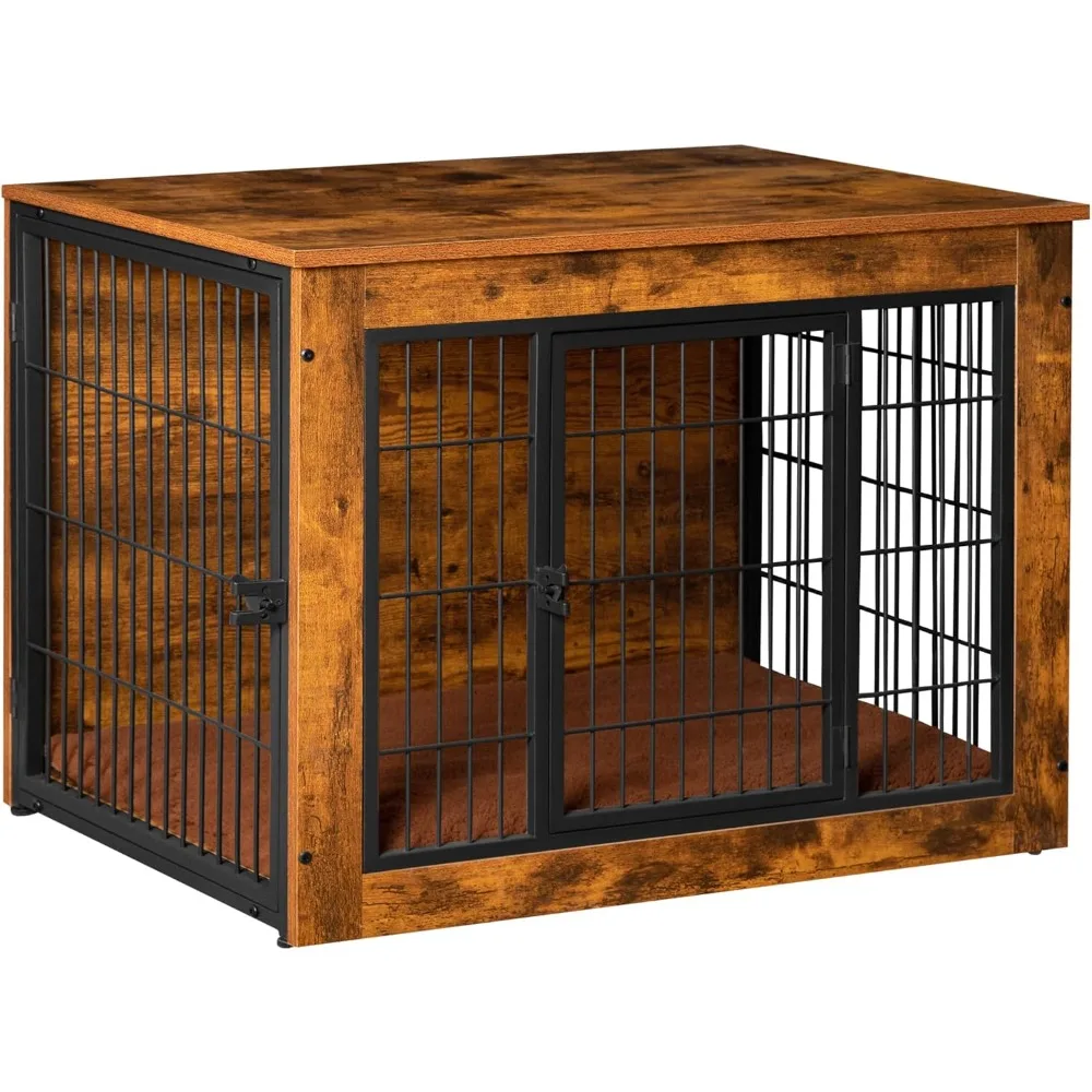 Dog Crate Furniture with Thick Cushion, Side End Table Wooden Cage with Double Doors, Chew-Resistant Dog Kennel House