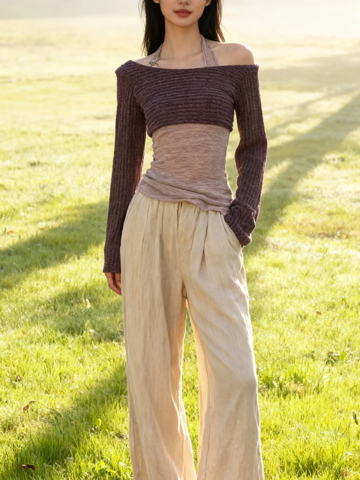 

Осенний комплект Spicy Girl, женский вязаный свитер с короткими бретелями, комплект из двух предметов, модный повседневный трикотажный топ