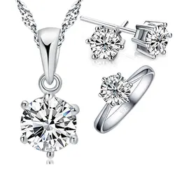 925 Sterling Silver Bridal Jewelry Sets For Women Accessory Cubic Zircon Crystal Necklace Rings Stud Earrings Ring Gift