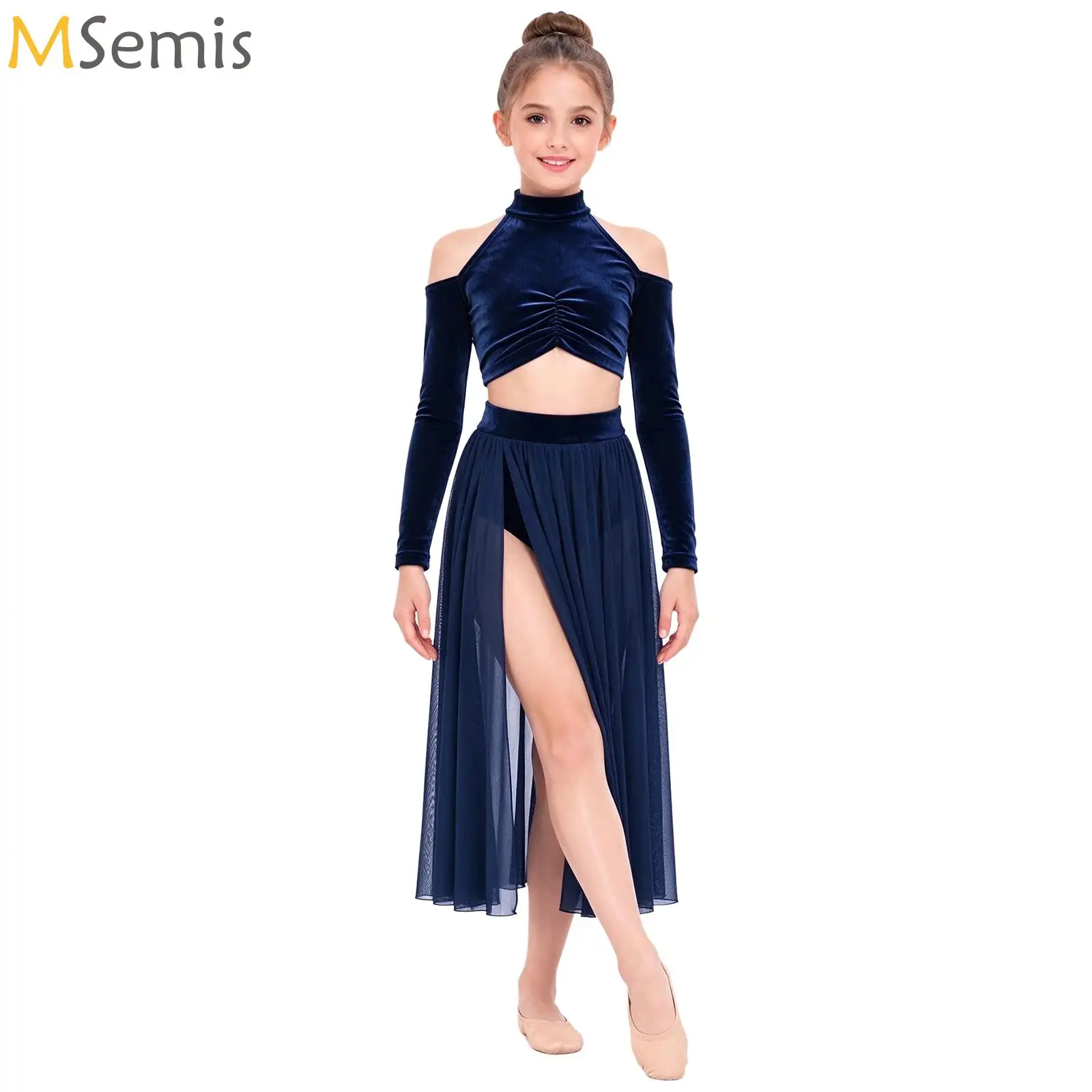 Modern Lyrical Dance Performance Costume Girls Velvet Crop Tops with Sheer Mesh Built-in Briefs Skirt Gymnastics Ballet Outfit