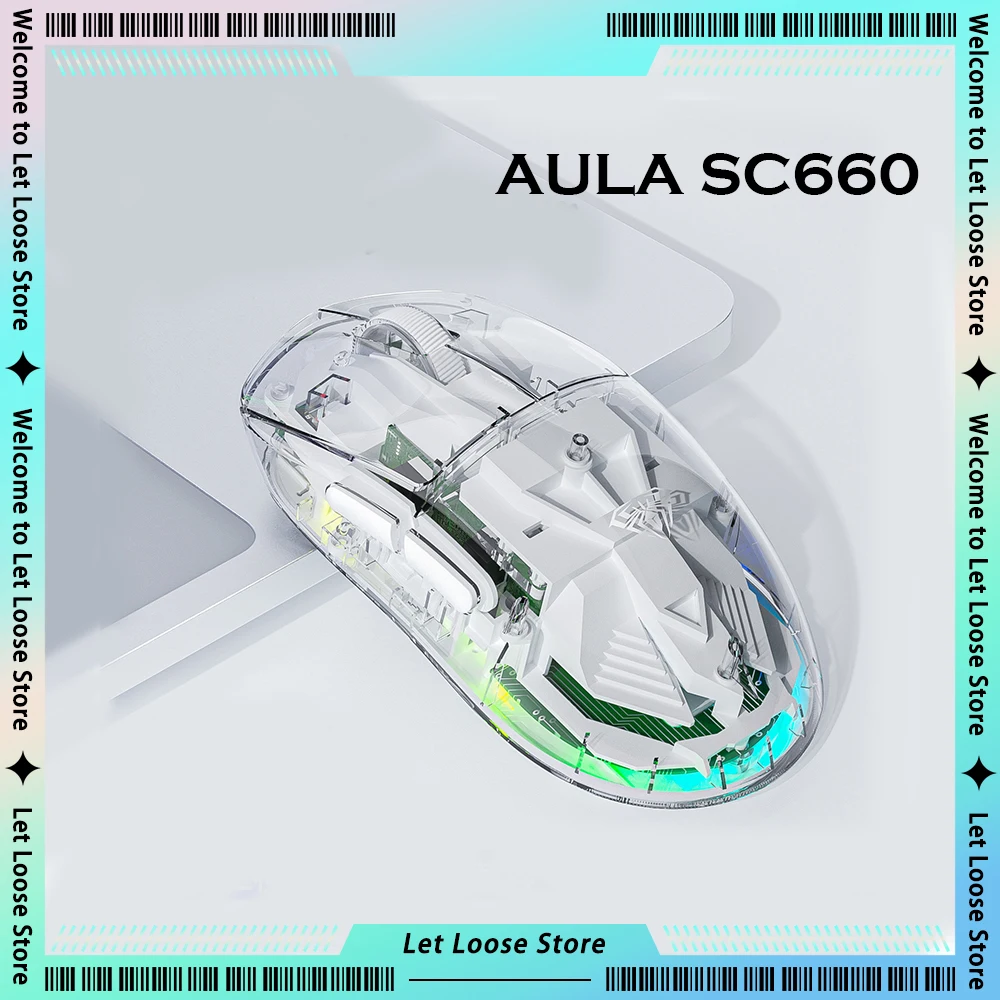 AULA SC660 Transparent Mouse Wireless Bluetooth Three Mode RGB Backlight  PAW3325 Gaming Mouse Ergonomic  Custom E-sports Mouse