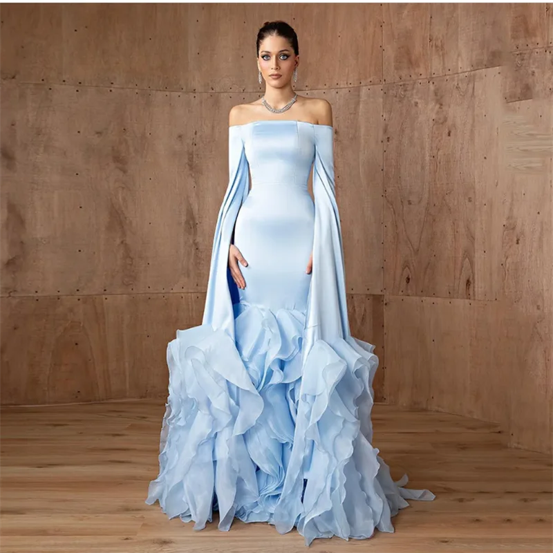 

Pale Blue Mermaid Evening Dress Customized Boat Neck Long Sleeves Ruffles Organza Saud Arabic Prom Gown Formal Party Dresses