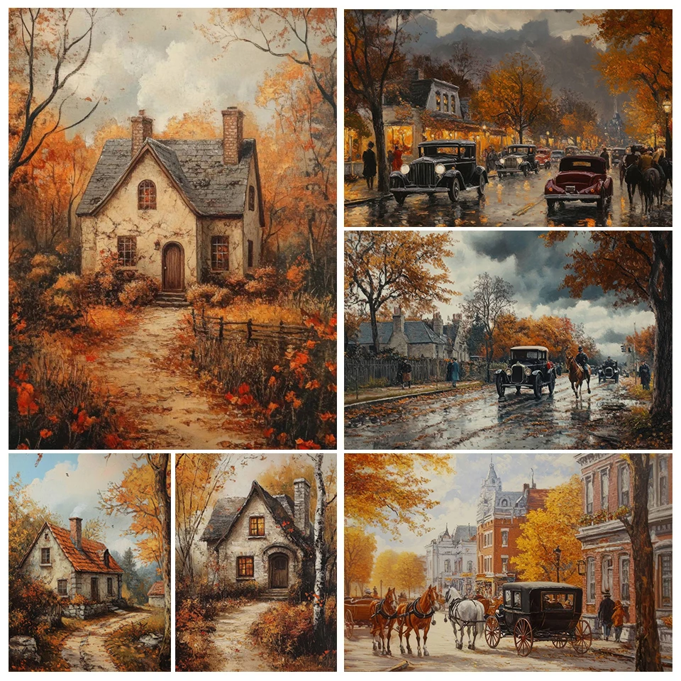1pc frameless Canvas Painting Vintage Autumn Cottage Farmhouse Posters Modern Moody Scenery Carriage Prints Canvas Wall Art Pict