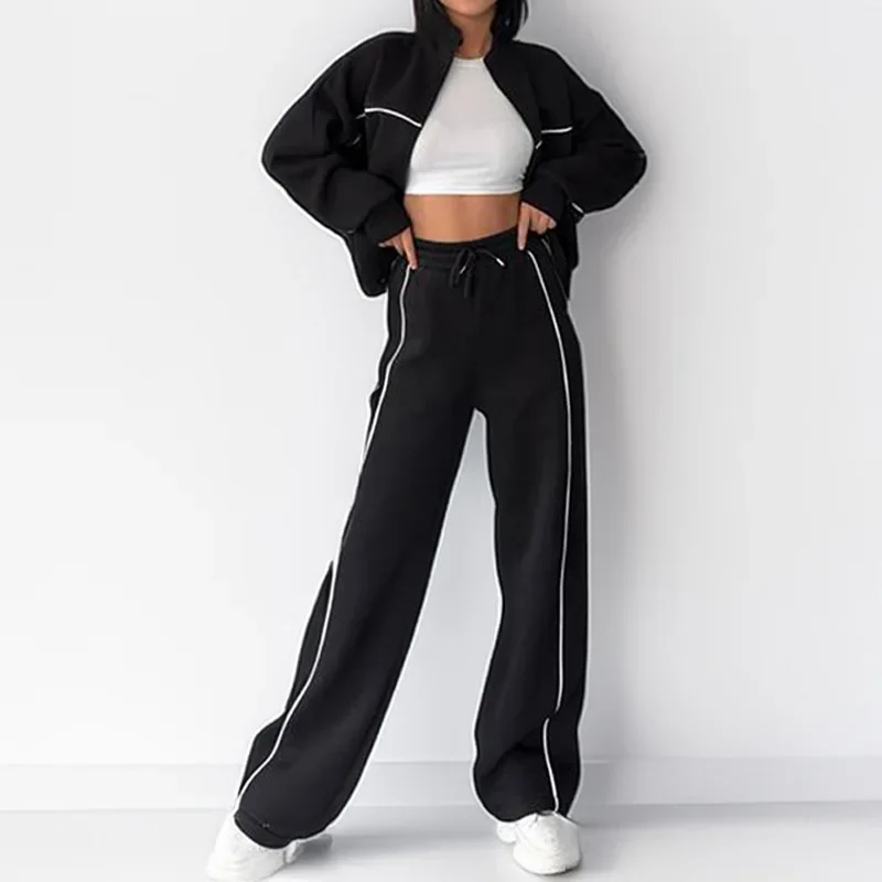 

Fashion Sports Suit For Women Stand Collar Long Sleeves Zipper Top Elastic Waist Straight Trousers Two Piece Set Autumn New