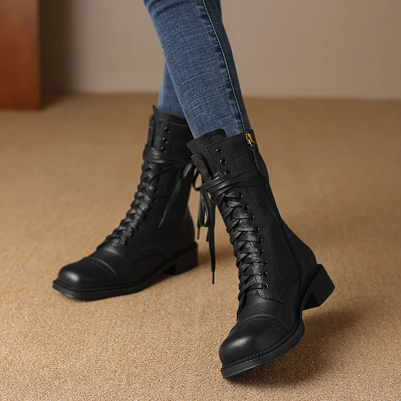 2024 New Autumn Winter Genuine Leather Women Shoes Lace-up Chelsea Women Boots Ankle Boots Chunky Boots Western Women Shoes