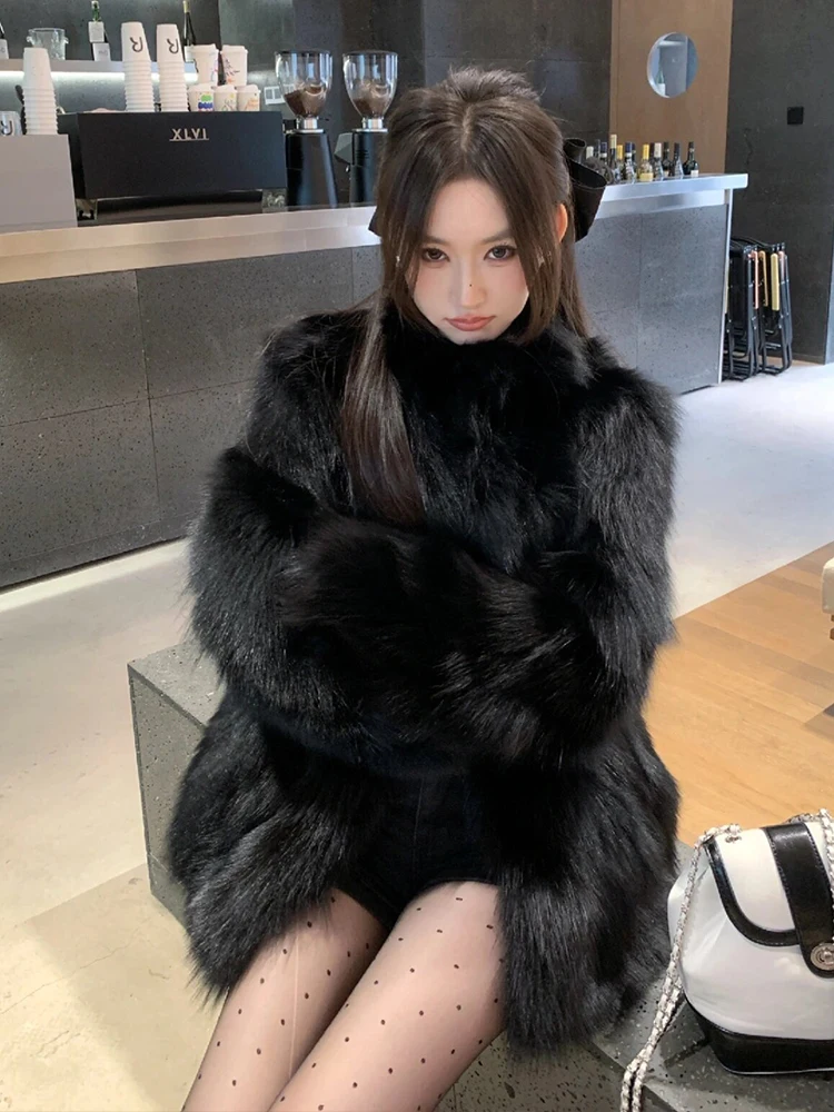 

Bla Slimming Collar Fur Coat Women's Mid-Length ort Size Plu Winter Coat Korean Sle Long Sve Commute Wind