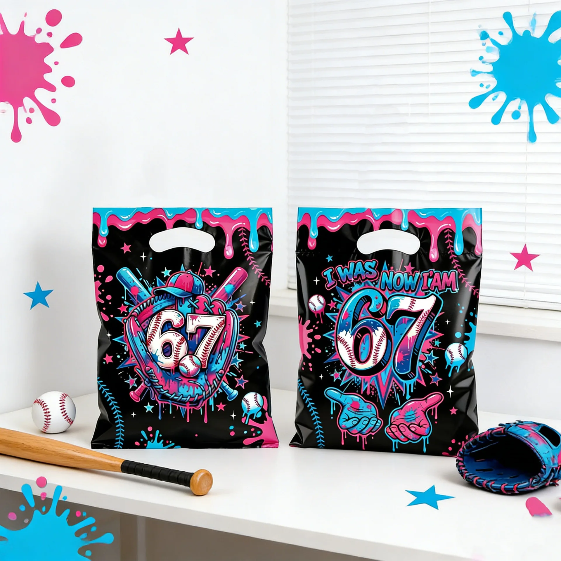 Immagine 6: Divertenti Sacchetti Regalo per Feste di Compleanno 67 Six Seven, Sacchetti di Plastica per Caramelle, Articoli per Feste per Bambini e Bambine, Baby Shower