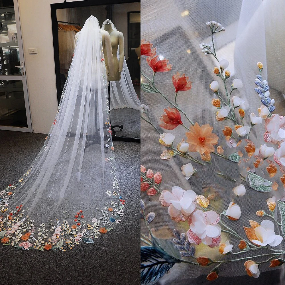 Veli da sposa Applicazioni colorate Velo da sposa lungo Mariage con pettine Accessori da sposa a uno strato realizzati su misura